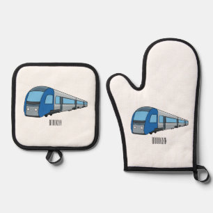 Electric train cartoon illustration oven mitt & pot holder set