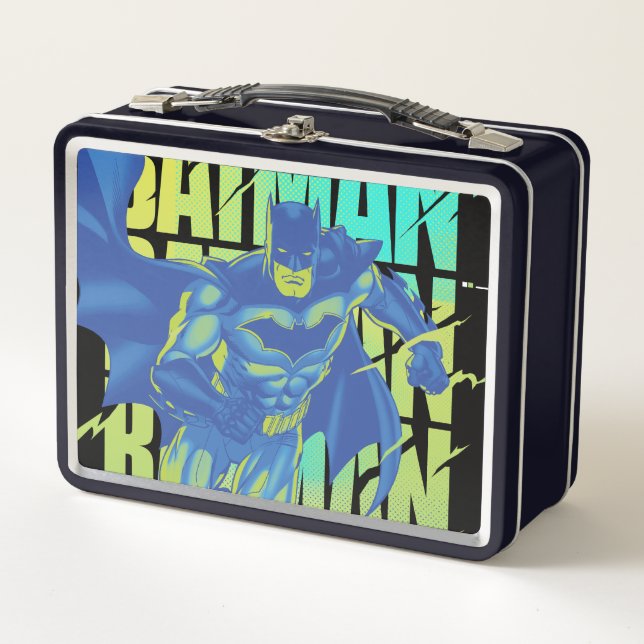 Electric Up Batman Running Through Typography Metal Lunch Box (Front)