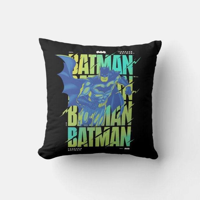 Electric Up Batman Running Through Typography Throw Pillow (Front)