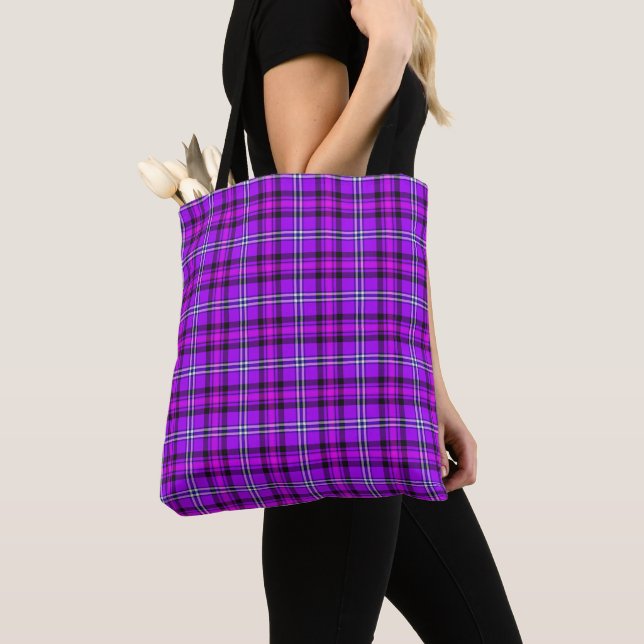 Electric Violet and Fuchsia Plaid Purple Tote Bag (Close Up)