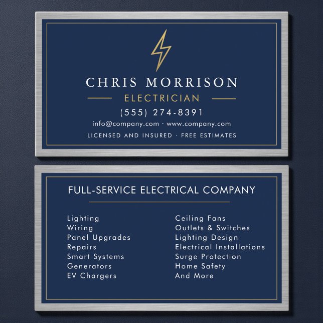 Electrician Electrical Contractor Metal Navy Blue Business Card (Creator Uploaded)