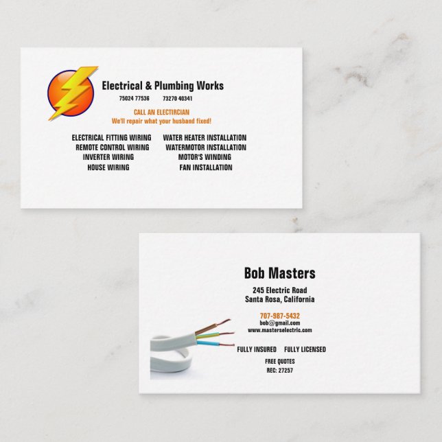 Electrician & Plumbing Works Business Card (Front/Back)