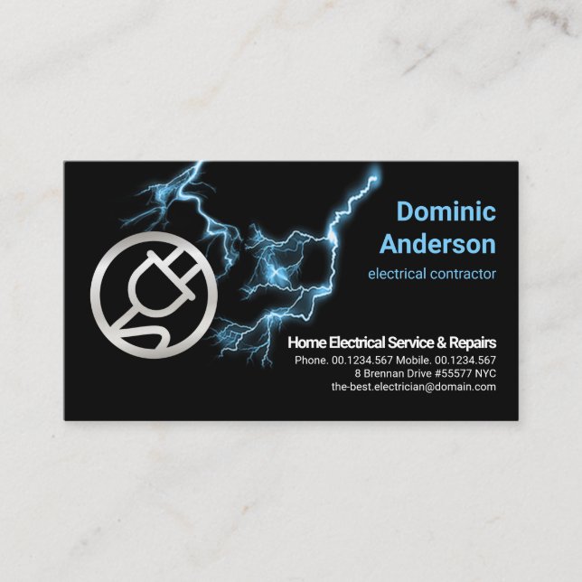 Electrified Power Plug Blue Lightnings Electrician Business Card (Front)