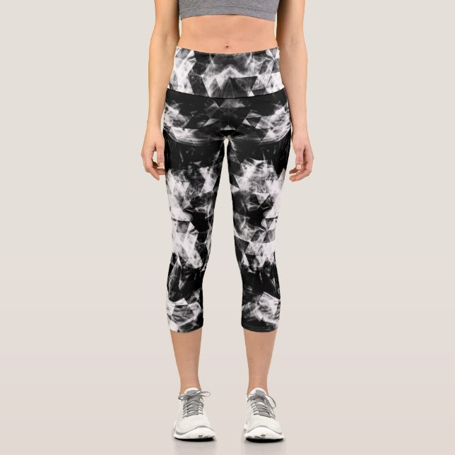 Electrifying black white sparkly triangle flames capri leggings (Front)