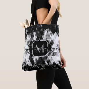 Electrifying black white sparkly triangle Monogram Tote Bag