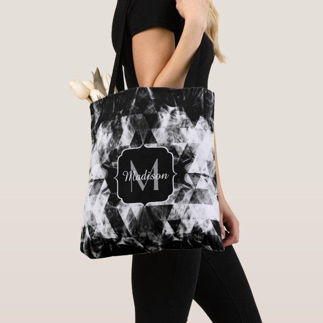 Electrifying black white sparkly triangle Monogram Tote Bag (Close Up)