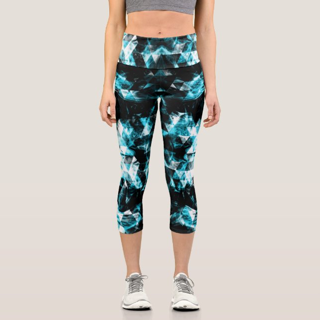 Electrifying blue sparkly triangle flames capri leggings (Front)