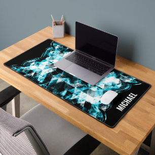 Electrifying blue sparkly triangle flames Monogram Desk Mat