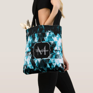 Electrifying blue sparkly triangle flames Monogram Tote Bag
