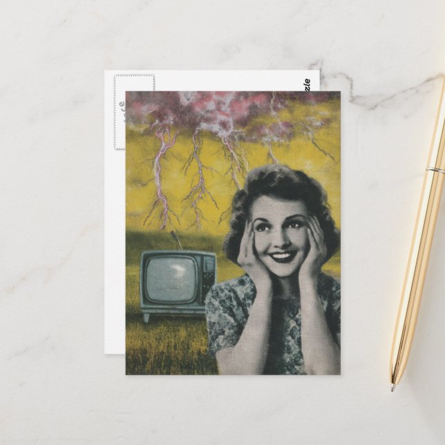 electrifying collage of a woman pink yelllow sky postcard (Front/Back In Situ)