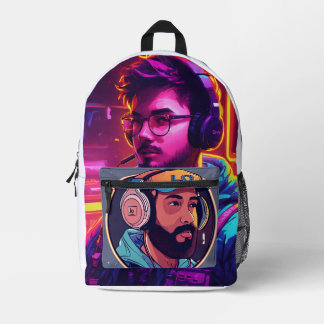 Electrifying DJ Logo Tees - Neon Lights and Starry Printed Backpack