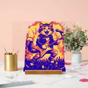 Electrifying Rockstar Cat Playing Guitar Acrylic Sign
