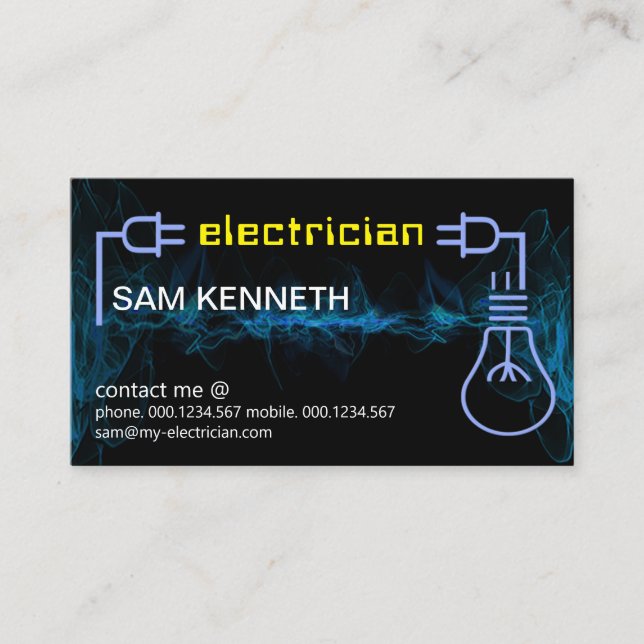 Electrifying Wave Power Plug Blue Bulb Electrician Business Card (Front)