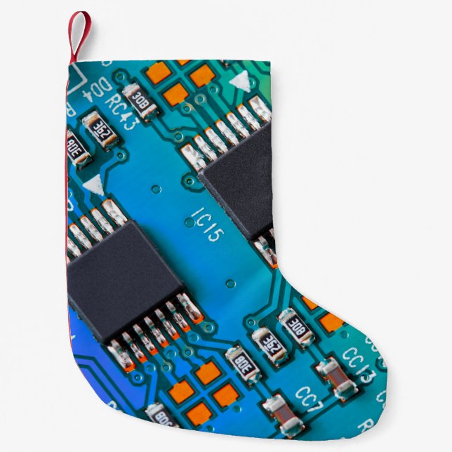 Electronic circuit board close up. background,boar small christmas stocking (Front)