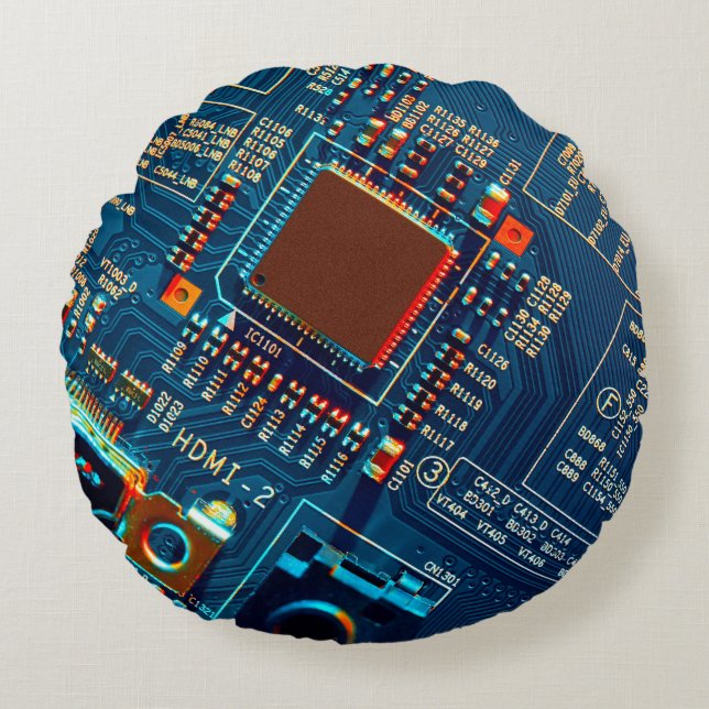 Electronic circuit board close up. electronic,micr round pillow (Front)