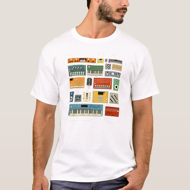 Electronic Musician with Synthesizer and Drum Mach T-Shirt (Front)
