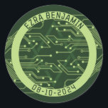 Electronics Computer Circuit Board Bar Mitzvah Classic Round Sticker<br><div class="desc">Green computer circuit board Bar Mitzvah envelope seal or favour sticker. This non-traditional computer motherboard or electronics inspired design features a subtle Jewish Star of David along with circuitry as you'd see on an electronic circuit board. These elements are paired with digital computer fonts. The colours are various shades of...</div>