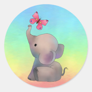 Elefant mit rosa Schmetterling Runder Aufkleber Classic Round Sticker