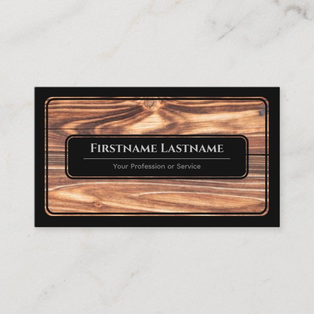 Elegan black framed wooden style wood grain business card (Front)