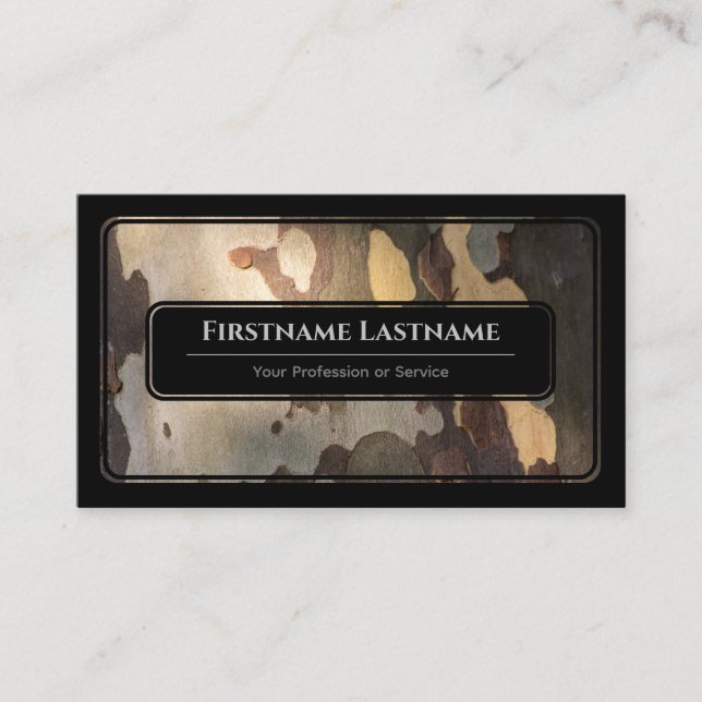 Elegan black framed wooden style wood grain tree business card (Front)