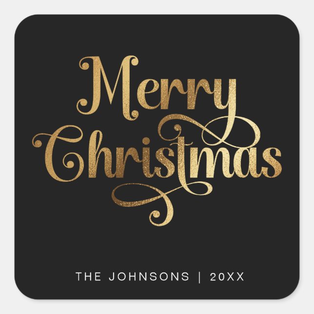 Elegan Black & Gold Merry Christmas Script Custom Square Sticker (Front)