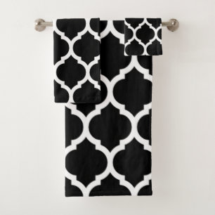 Elegan Black White Moroccan Quatrefoil Pattern Bath Towel Set