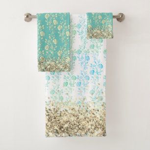 Elegan Glittery Flowers on Teal Bath Towel Set