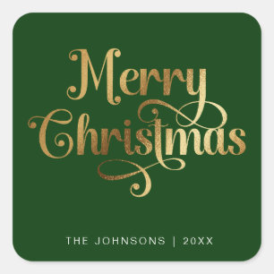 Elegan Green & Gold Merry Christmas Script Custom Square Sticker