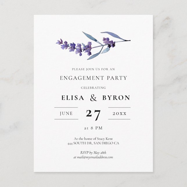 Elegan lavender engagement party invitation postcard (Front)