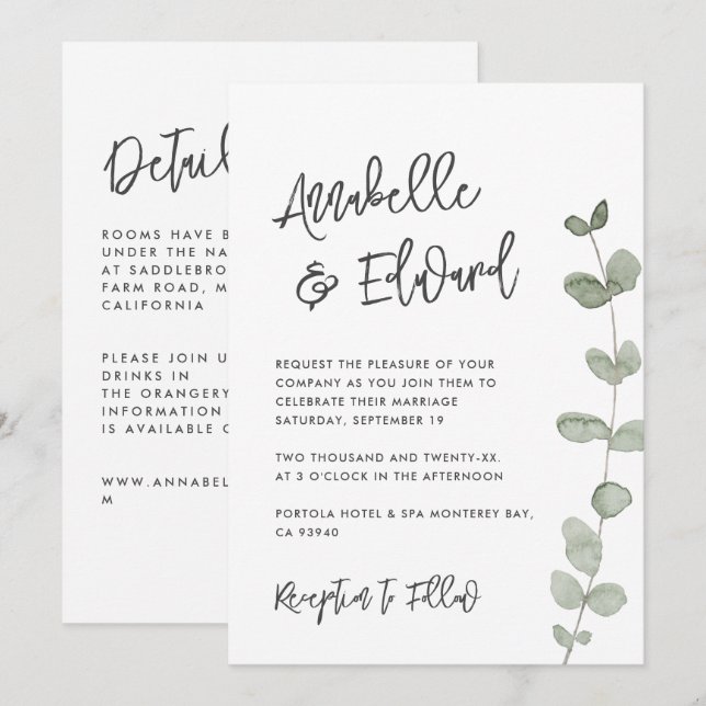 Elegan Mariage eucalyptus détails, invitation chic (Devant / Derrière)