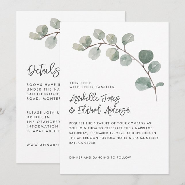 Elegan Mariage eucalyptus détails, invitation chic (Devant / Derrière)