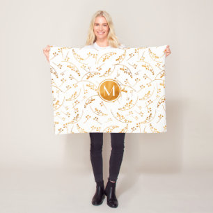 Elegan monogram gold berry pattern on white fleece blanket