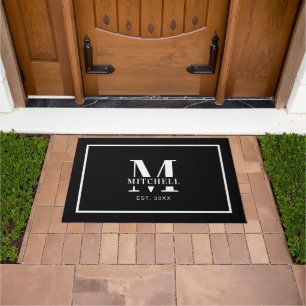 Elegan Monogrammed Black White Custom Family Name Doormat