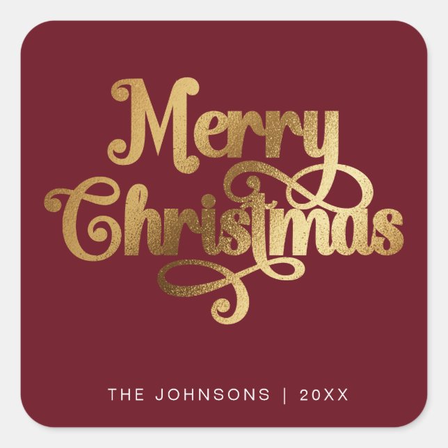 Elegan Red & Gold Merry Christmas Script Custom Square Sticker (Front)