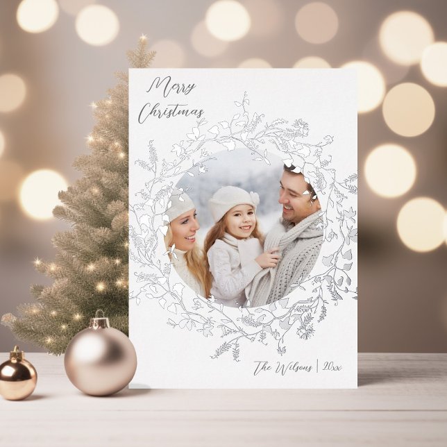 Elegan Wildflower Merry Christmas Photo Silver Foil Holiday Card (Creator Uploaded)