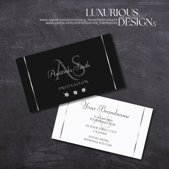 Elegance Black and White Shiny Diamonds Initials Business Card (Creator Uploaded)