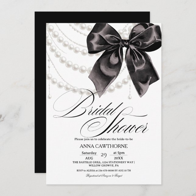  Elegance Black Bow Pearls Bridal Shower Acrylic Invitation (Front/Back)