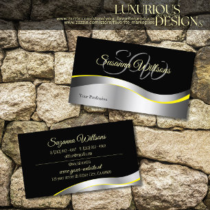 Elegance Black Wavy Silver Decor with Initials Business Card