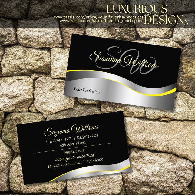 Elegance Black Wavy Silver Decor with Initials Business Card (Creator Uploaded)