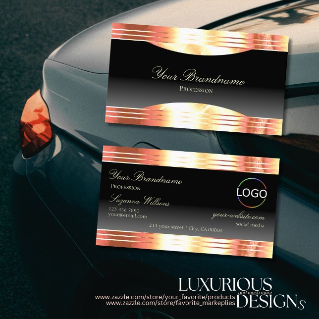 Elegance Black with Rose Gold Borders and Logo Business Card (Creator Uploaded)