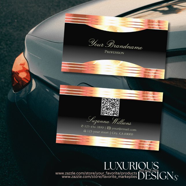 Elegance Black with Rose Gold Borders and QR Code Business Card (Creator Uploaded)