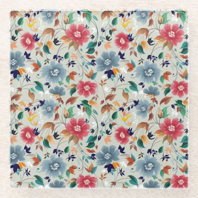 Elegance Blooms: Floral Vintage Background Glass Coaster (Front)