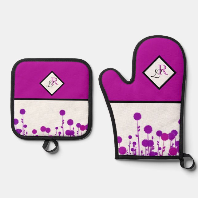 Elegance Blooms: Personalized Monogram Oven Mitt & Pot Holder Set (Front)