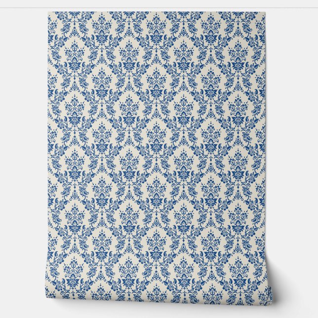 ELEGANCE Blue Damask Seamless Pattern Wallpaper (Unrolling)