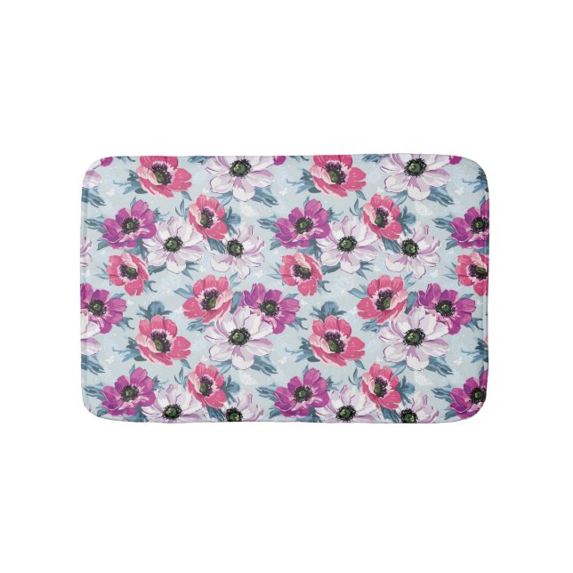 Elegance colour flowers pattern on blue bath mat (Front)
