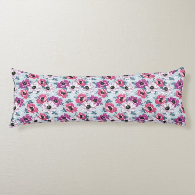 Elegance colour flowers pattern on blue body pillow (Front)