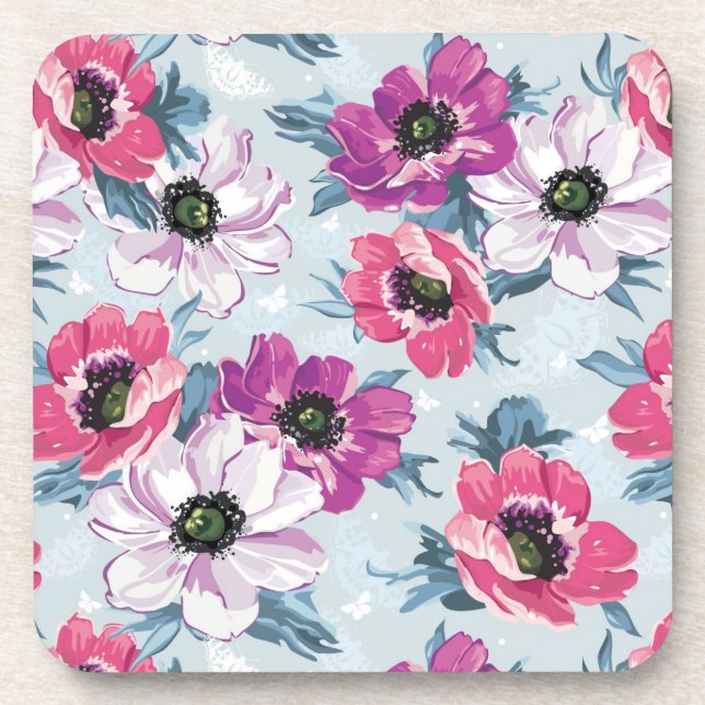 Elegance colour flowers pattern on blue coaster (Front)