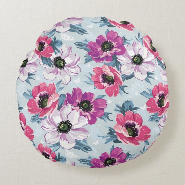 Elegance colour flowers pattern on blue round pillow (Front)