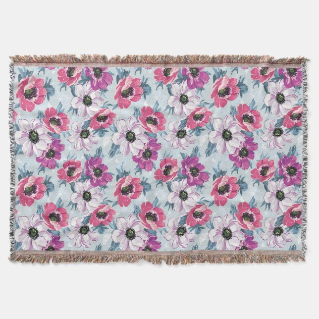 Elegance colour flowers pattern on blue throw blanket (Front)