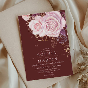 Elegance Dusty Roses & Burgundy Botanical Wedding  Invitation